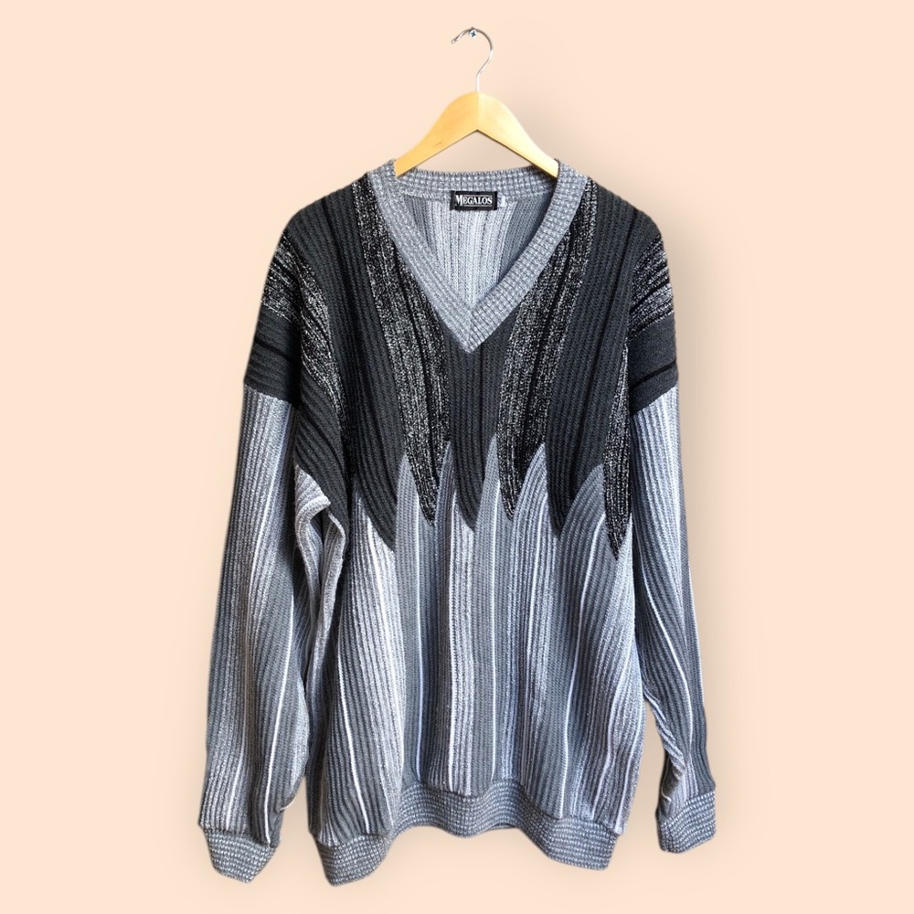 Vintage 80s/90s MEGALOS Chunky Knit Grey Sweater Abstract USA MENS Plus Size 2X